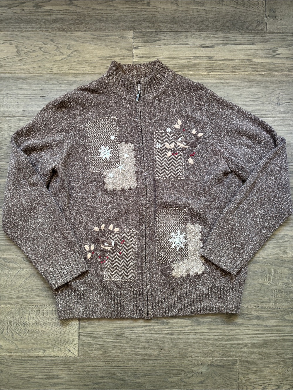 Northern Reflections Brown Patchwork Zip Cardigan Embroidered Accents Bird Large